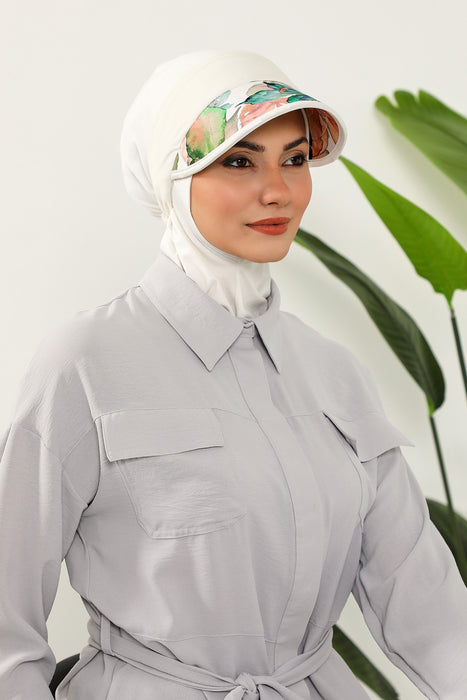 2-in-1 Hijab Bonnet with Removable Printed Visor, Detachable Visor Ninja Undercap Hijab Bonnet with Patterned Brim,B-91D