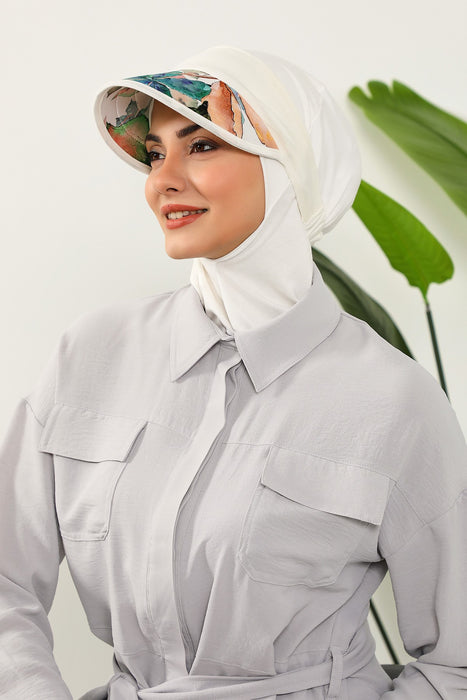 2-in-1 Hijab Bonnet with Removable Printed Visor, Detachable Visor Ninja Undercap Hijab Bonnet with Patterned Brim,B-91D