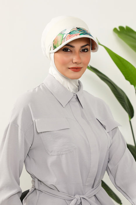 2-in-1 Hijab Bonnet with Removable Printed Visor, Detachable Visor Ninja Undercap Hijab Bonnet with Patterned Brim,B-91D