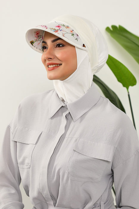 2-in-1 Hijab Bonnet with Removable Printed Visor, Detachable Visor Ninja Undercap Hijab Bonnet with Patterned Brim,B-91D