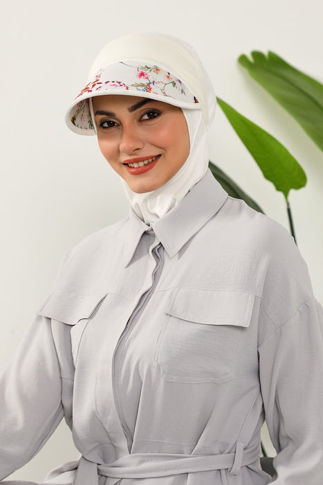 2-in-1 Hijab Bonnet with Removable Printed Visor, Detachable Visor Ninja Undercap Hijab Bonnet with Patterned Brim,B-91D