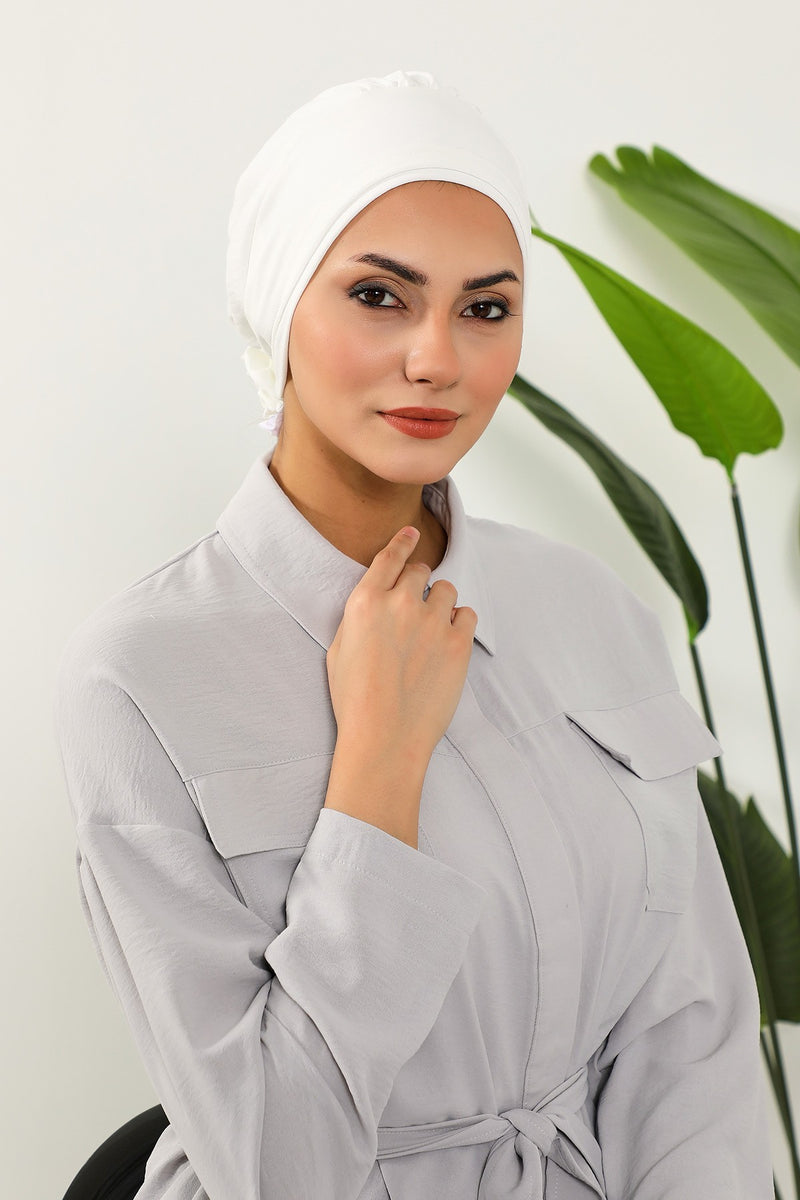 Pre-Tied Aerobin Hijab Cap with Back Rose Detail, Lightweight Instant Turban Bonnet for Women,B-53A