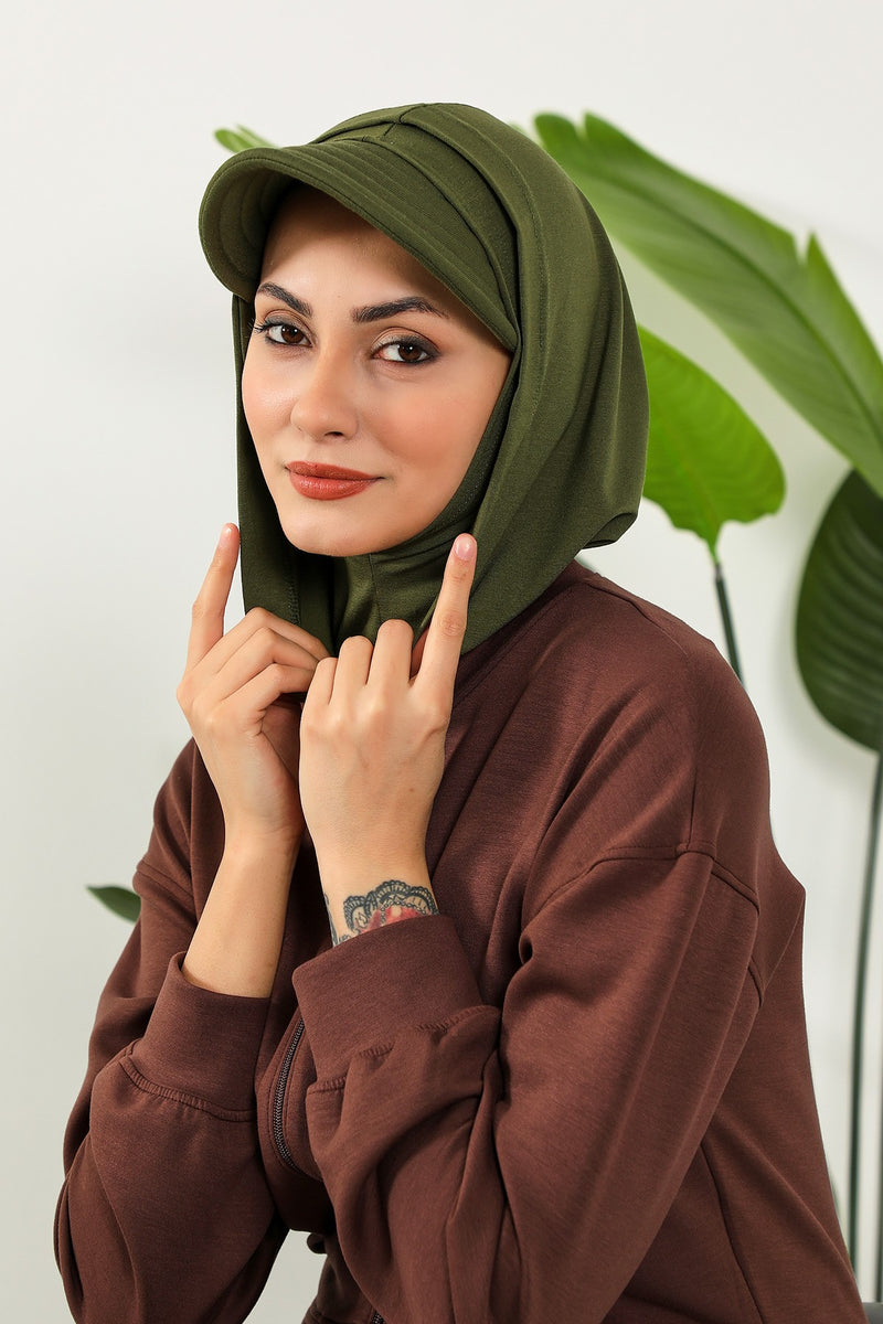 Full Coverage Cotton Bonnet Hijab with Visor, Ready to Wear Modest Visor Underscarf Bonnet with Neck Cover,B-88P