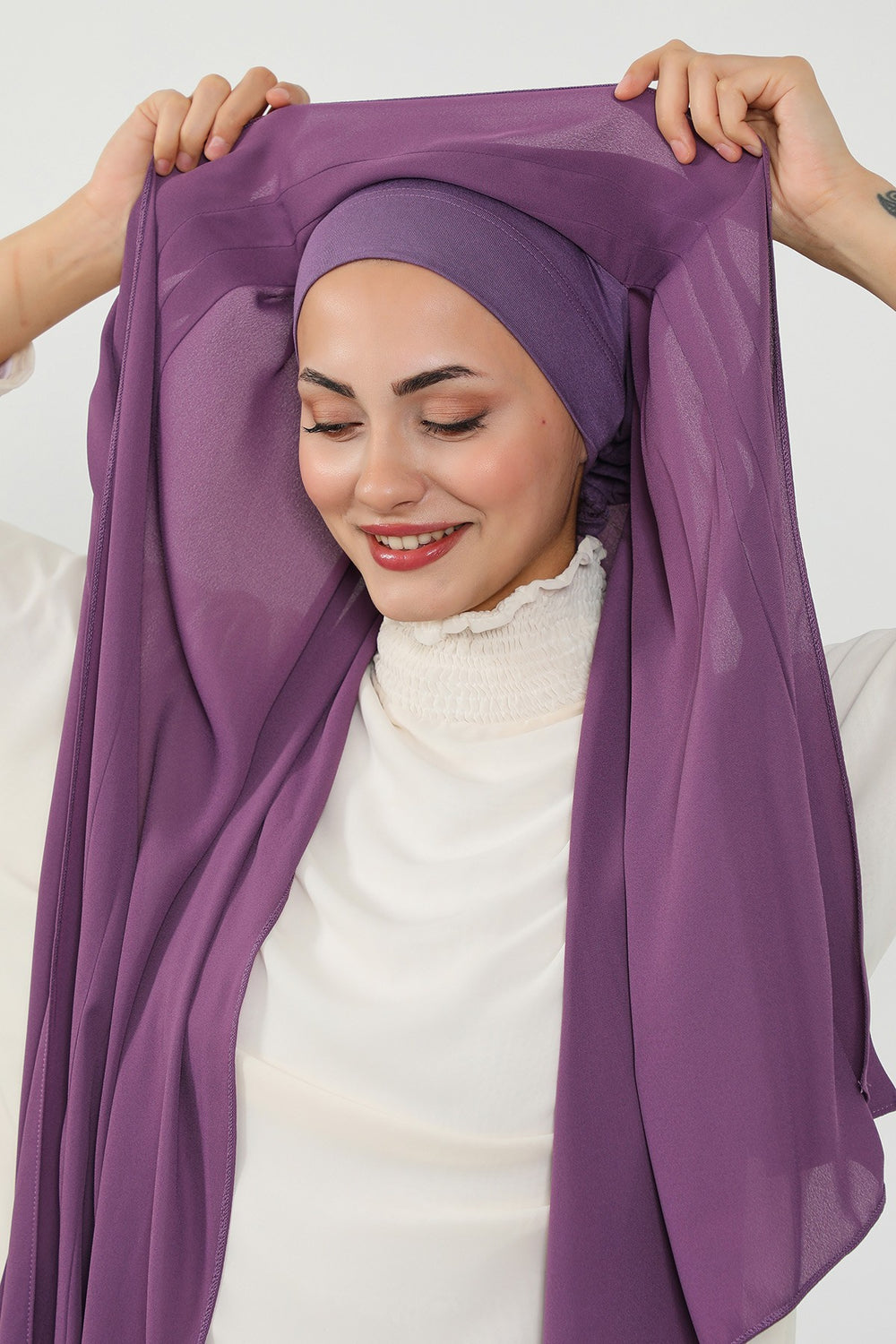 Pleated Instant Crepe Hijab with Built-In Cotton Bonnet, One-Piece Modest Wrinkle-Resistant Scarf for Women,PS-47 Purple