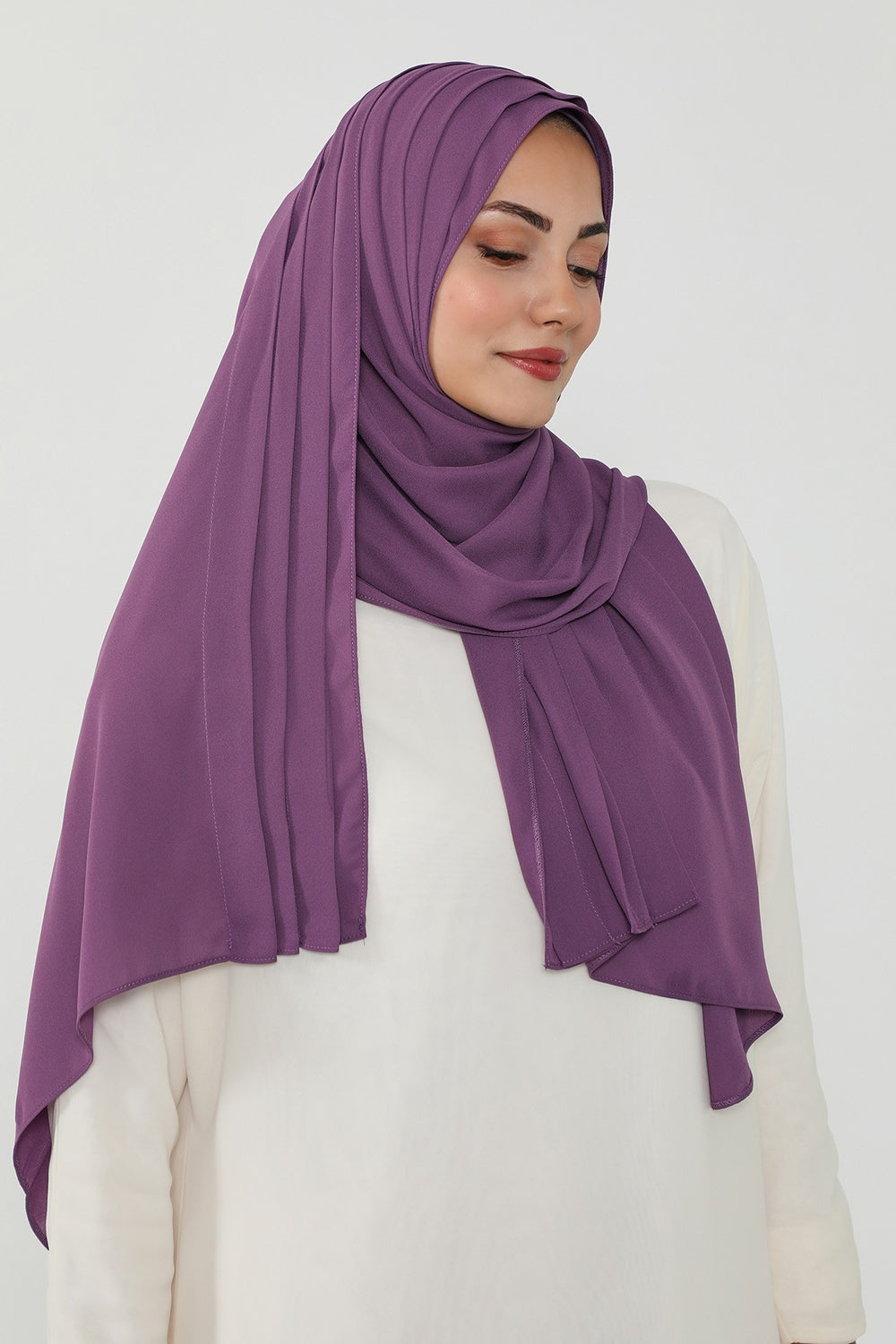 Pleated Instant Crepe Hijab with Built-In Cotton Bonnet, One-Piece Modest Wrinkle-Resistant Scarf for Women,PS-47 Purple