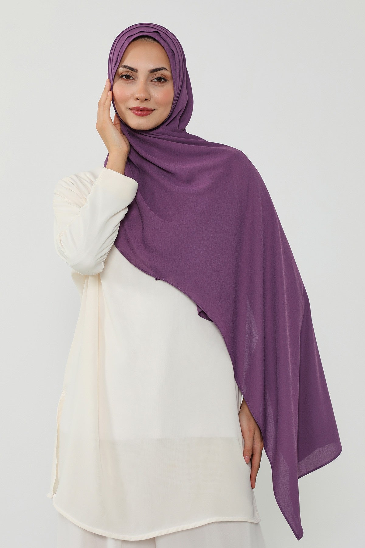 Pleated Instant Crepe Hijab with Built-In Cotton Bonnet, One-Piece Modest Wrinkle-Resistant Scarf for Women,PS-47 Purple