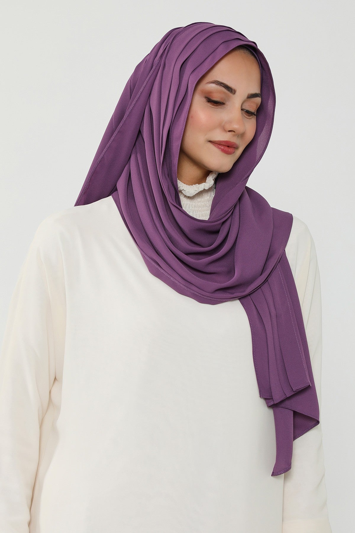 Pleated Instant Crepe Hijab with Built-In Cotton Bonnet, One-Piece Modest Wrinkle-Resistant Scarf for Women,PS-47 Purple
