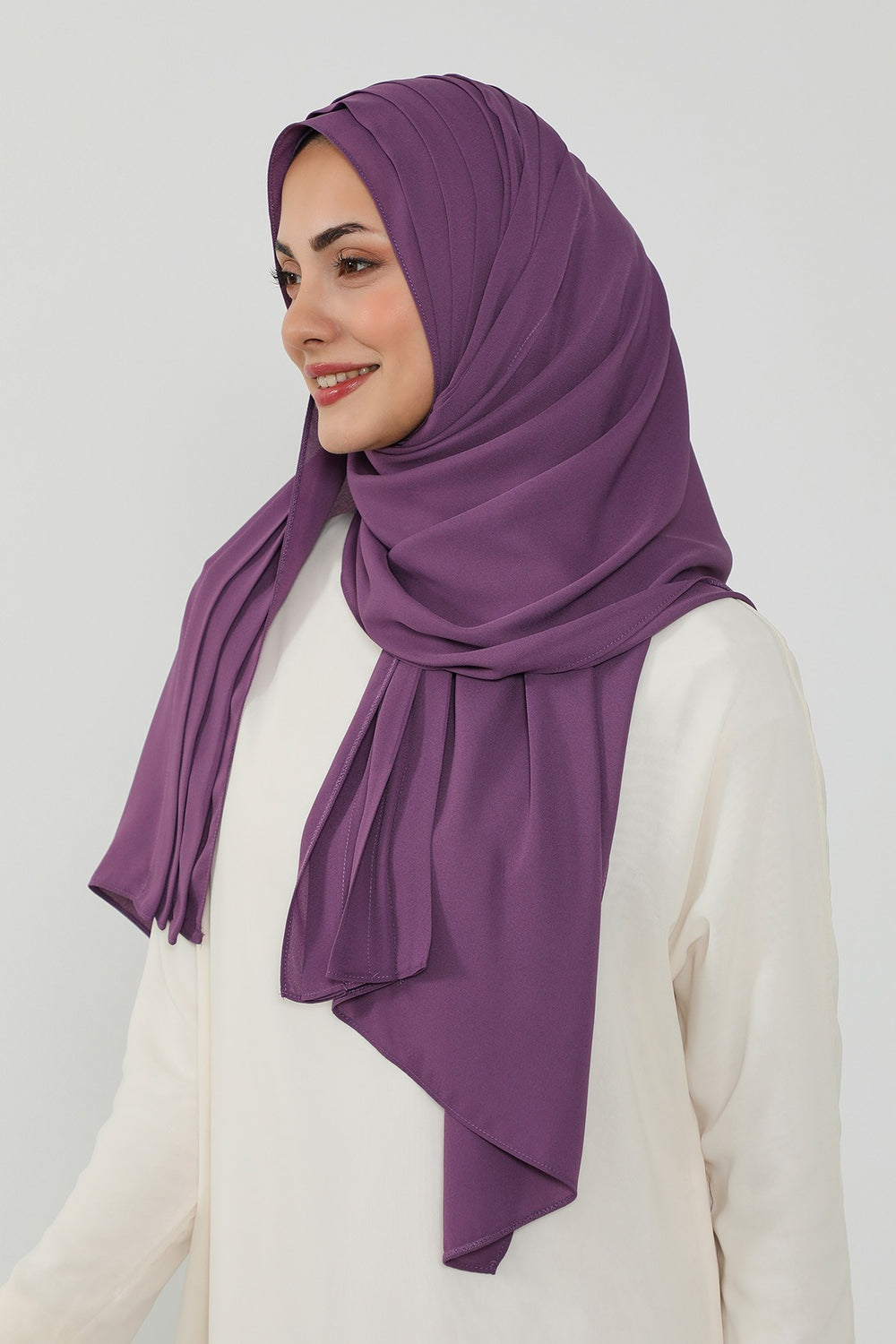 Pleated Instant Crepe Hijab with Built-In Cotton Bonnet, One-Piece Modest Wrinkle-Resistant Scarf for Women,PS-47 Purple