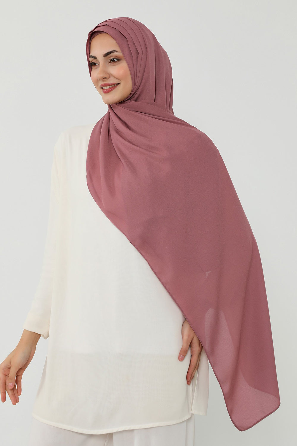 Pleated Instant Crepe Hijab with Built-In Cotton Bonnet, One-Piece Modest Wrinkle-Resistant Scarf for Women,PS-47 Dusty Rose
