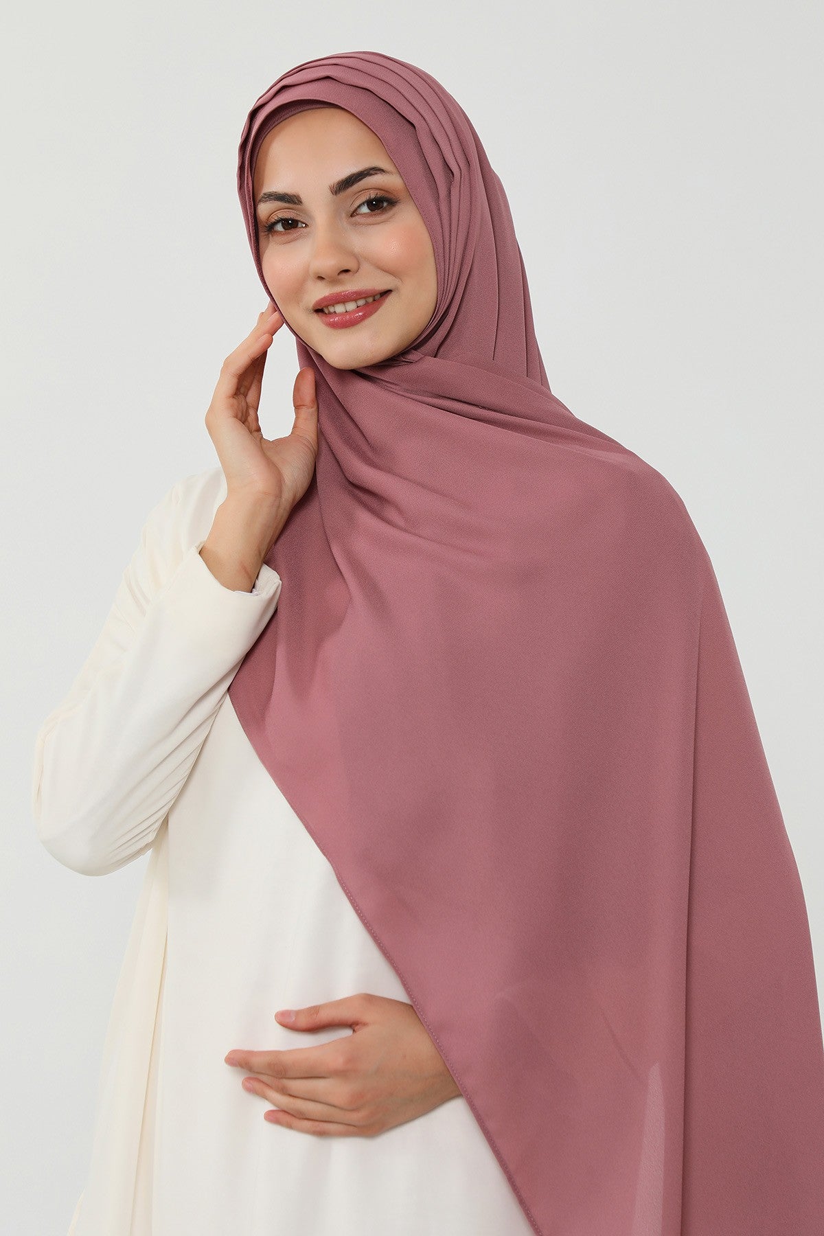Pleated Instant Crepe Hijab with Built-In Cotton Bonnet, One-Piece Modest Wrinkle-Resistant Scarf for Women,PS-47 Dusty Rose