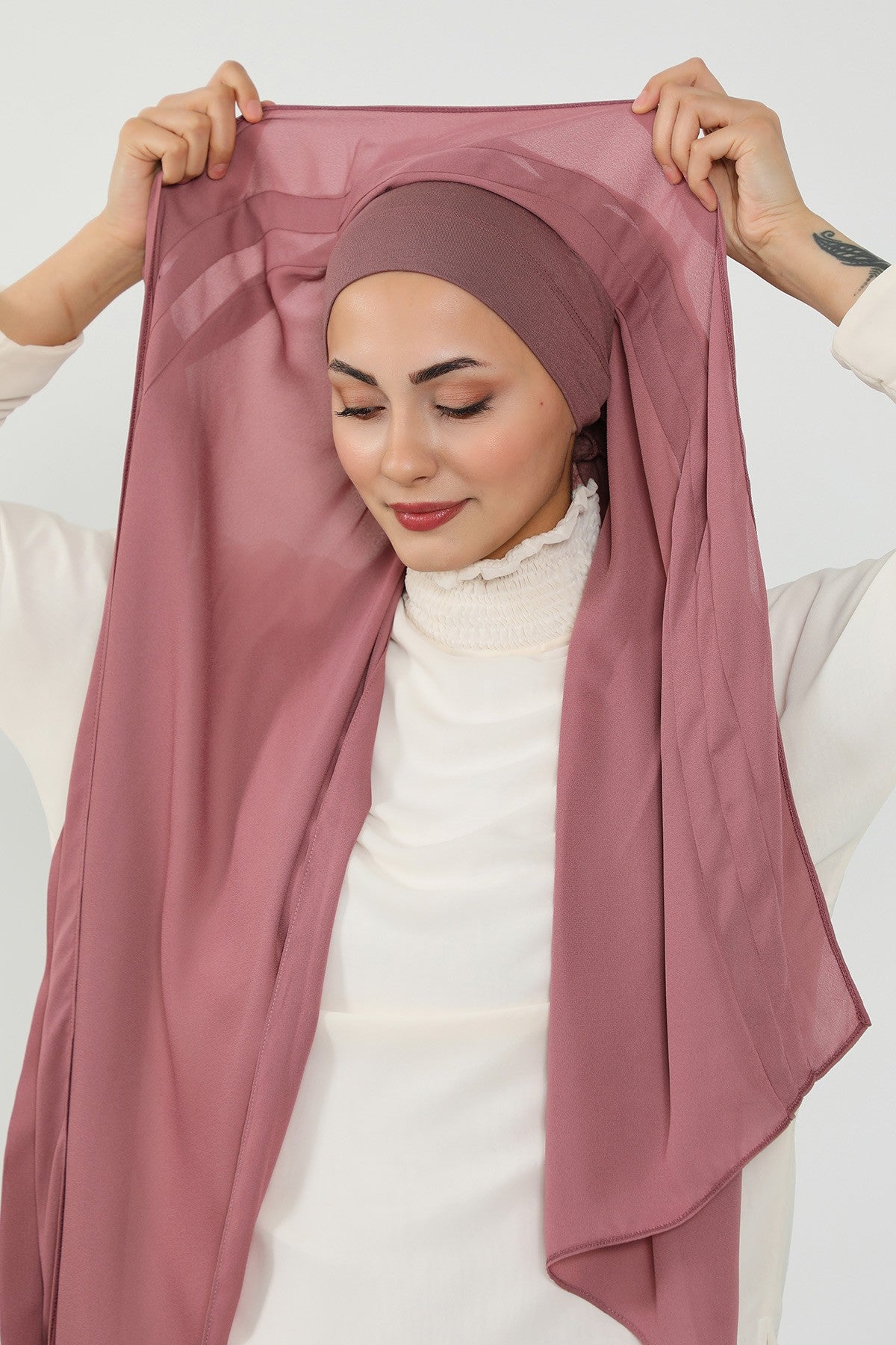 Pleated Instant Crepe Hijab with Built-In Cotton Bonnet, One-Piece Modest Wrinkle-Resistant Scarf for Women,PS-47 Dusty Rose