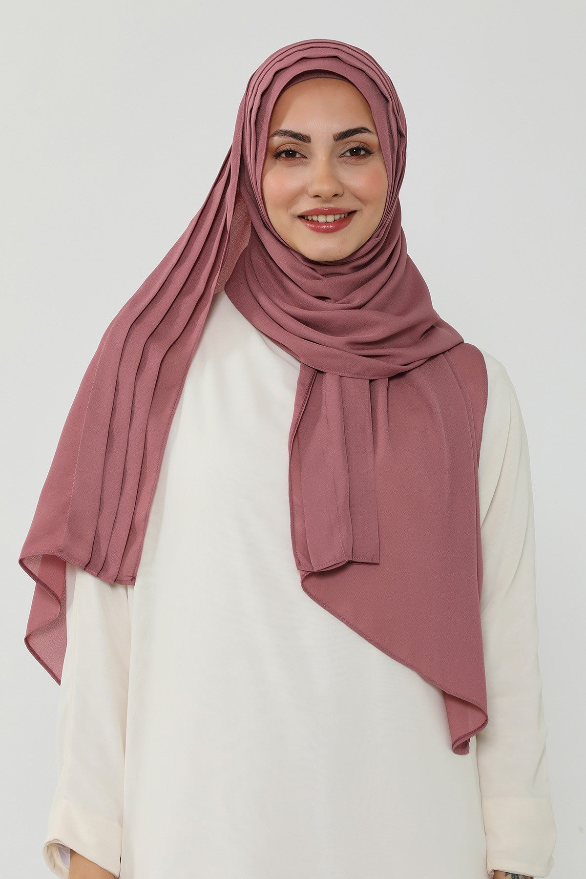 Pleated Instant Crepe Hijab with Built-In Cotton Bonnet, One-Piece Modest Wrinkle-Resistant Scarf for Women,PS-47 Dusty Rose