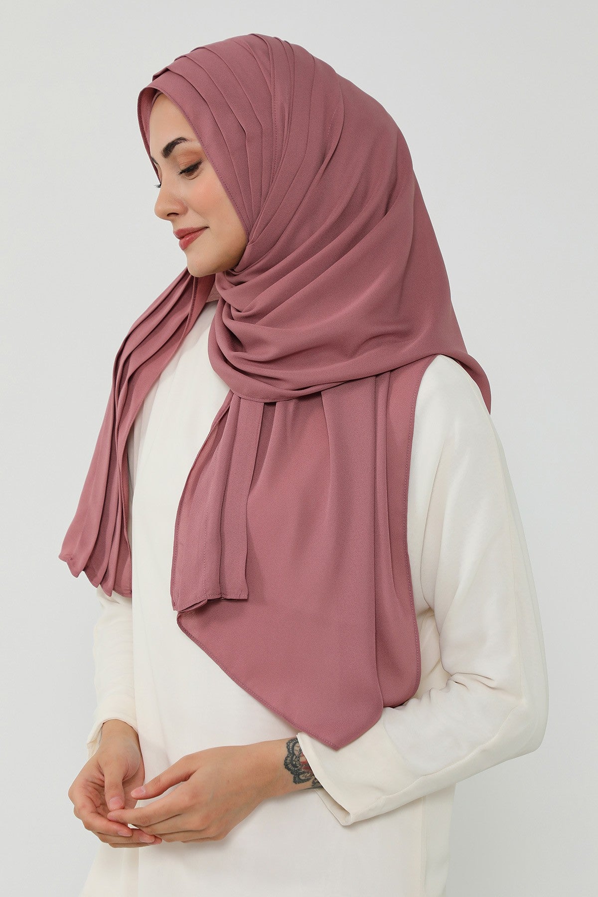 Pleated Instant Crepe Hijab with Built-In Cotton Bonnet, One-Piece Modest Wrinkle-Resistant Scarf for Women,PS-47 Dusty Rose