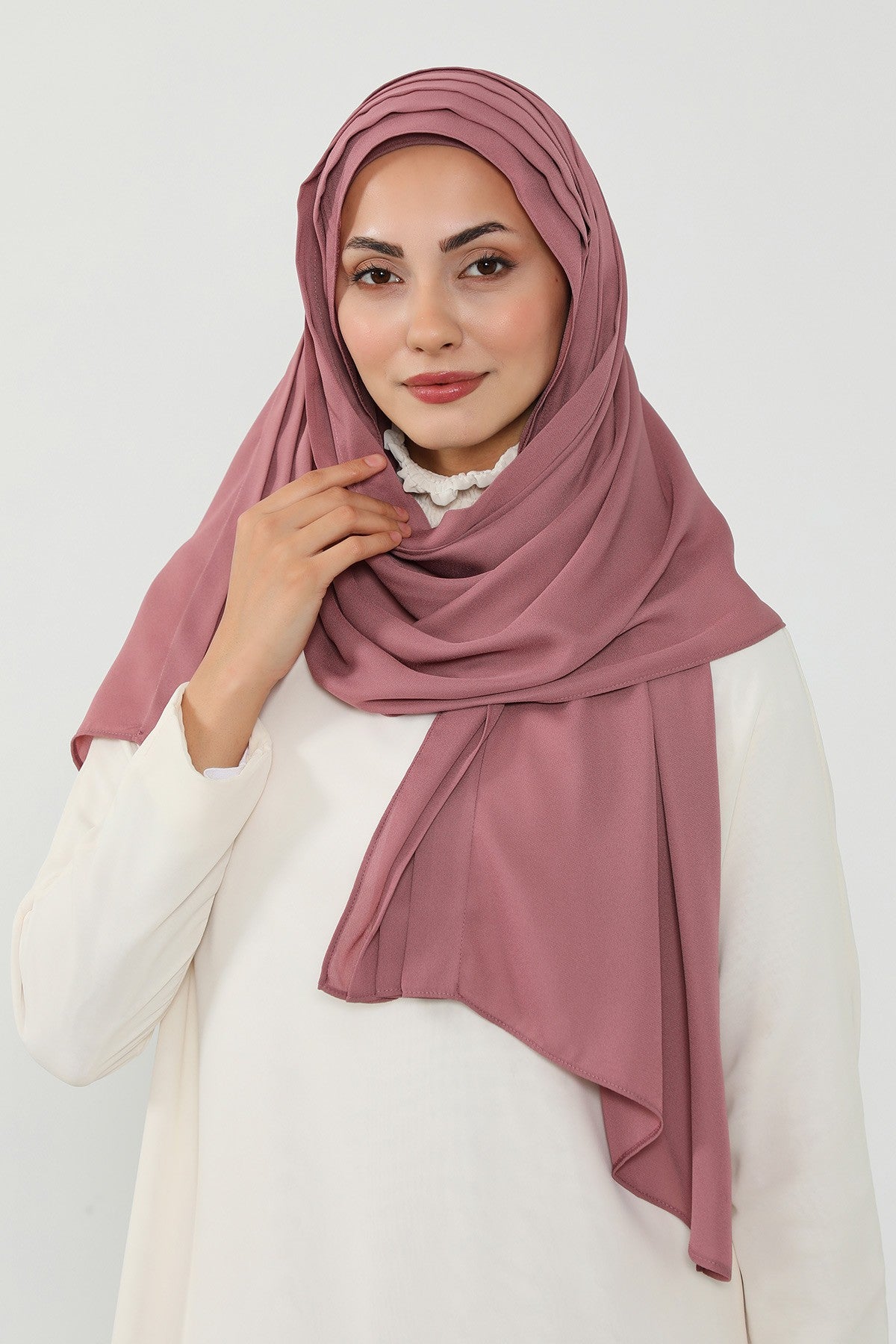 Pleated Instant Crepe Hijab with Built-In Cotton Bonnet, One-Piece Modest Wrinkle-Resistant Scarf for Women,PS-47 Dusty Rose