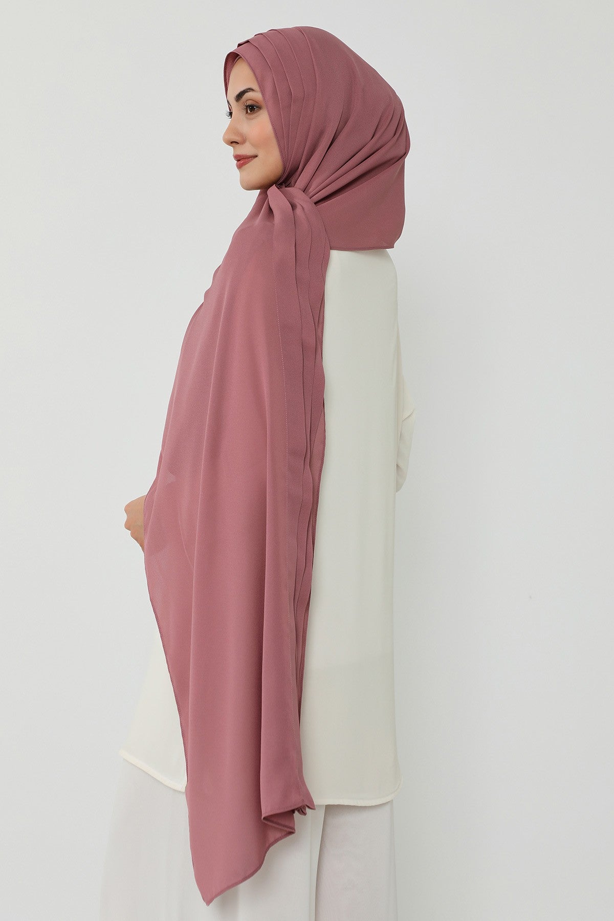 Pleated Instant Crepe Hijab with Built-In Cotton Bonnet, One-Piece Modest Wrinkle-Resistant Scarf for Women,PS-47 Dusty Rose
