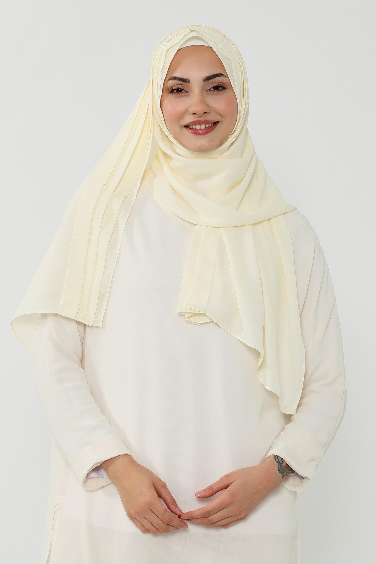 Pleated Instant Crepe Hijab with Built-In Cotton Bonnet, One-Piece Modest Wrinkle-Resistant Scarf for Women,PS-47 Ivory