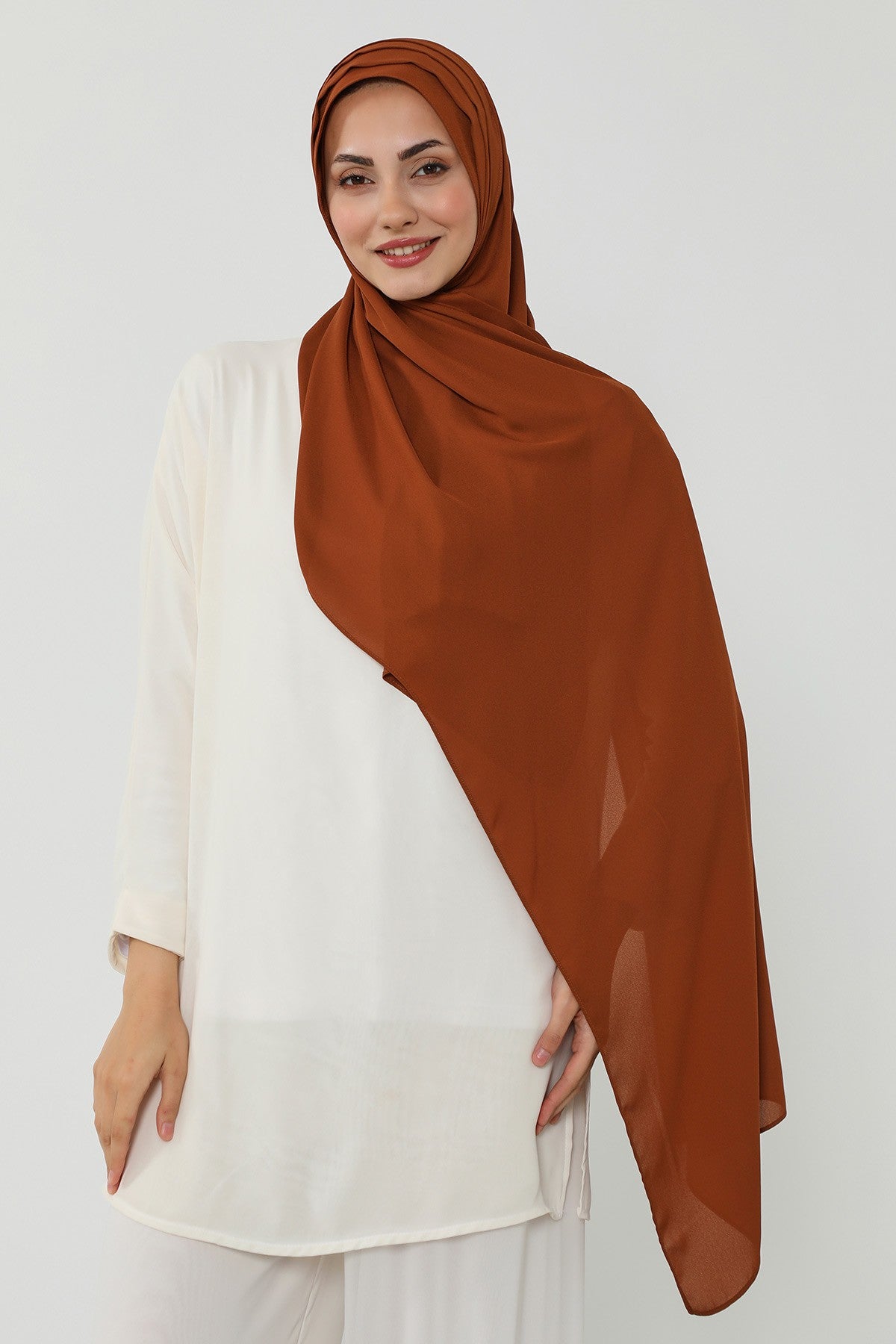 Pleated Instant Crepe Hijab with Built-In Cotton Bonnet, One-Piece Modest Wrinkle-Resistant Scarf for Women,PS-47 Tile Red