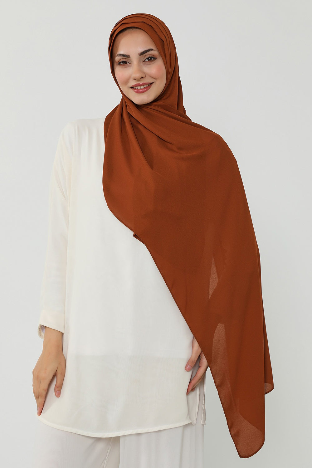 Pleated Instant Crepe Hijab with Built-In Cotton Bonnet, One-Piece Modest Wrinkle-Resistant Scarf for Women,PS-47 Tile Red