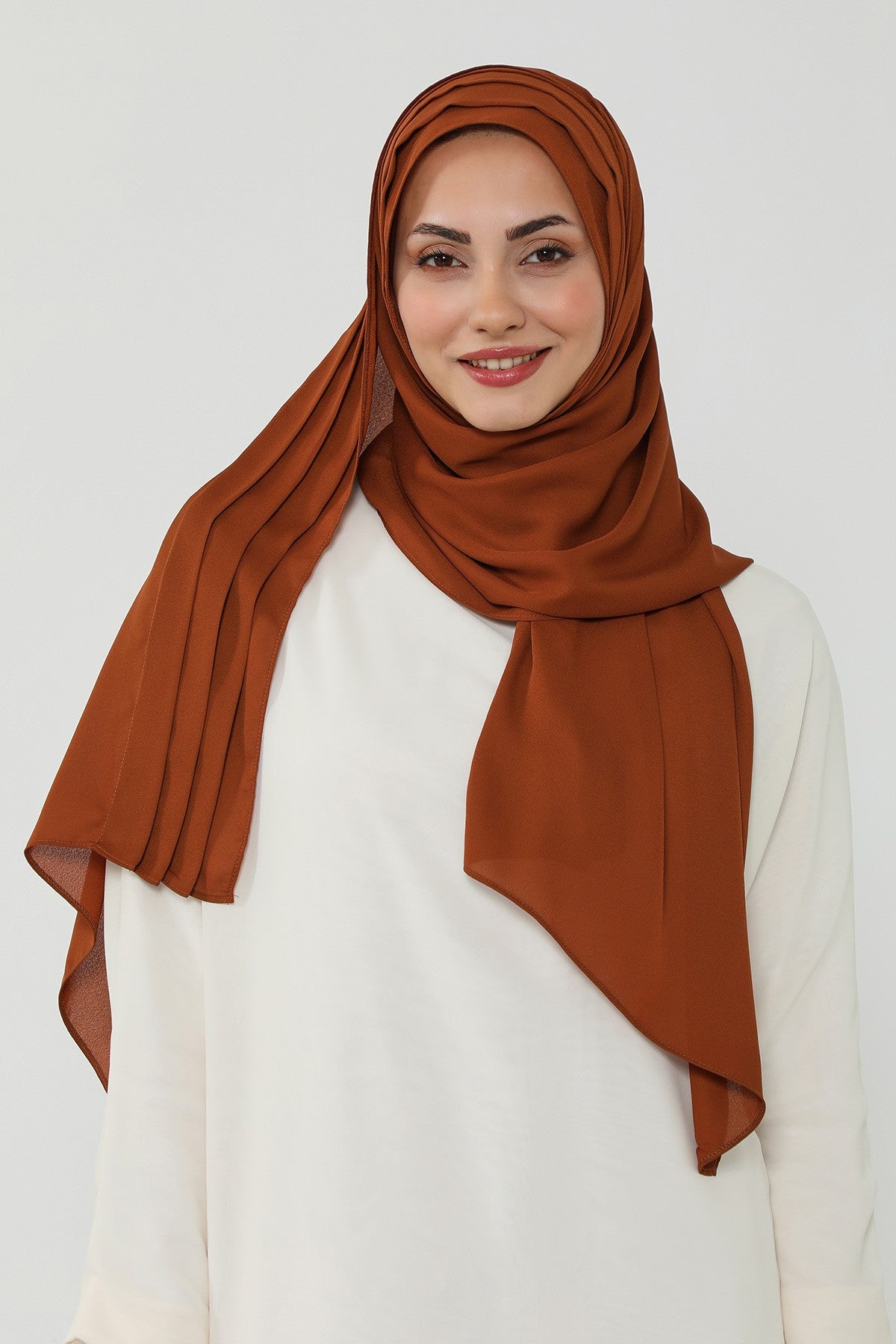 Pleated Instant Crepe Hijab with Built-In Cotton Bonnet, One-Piece Modest Wrinkle-Resistant Scarf for Women,PS-47 Tile Red