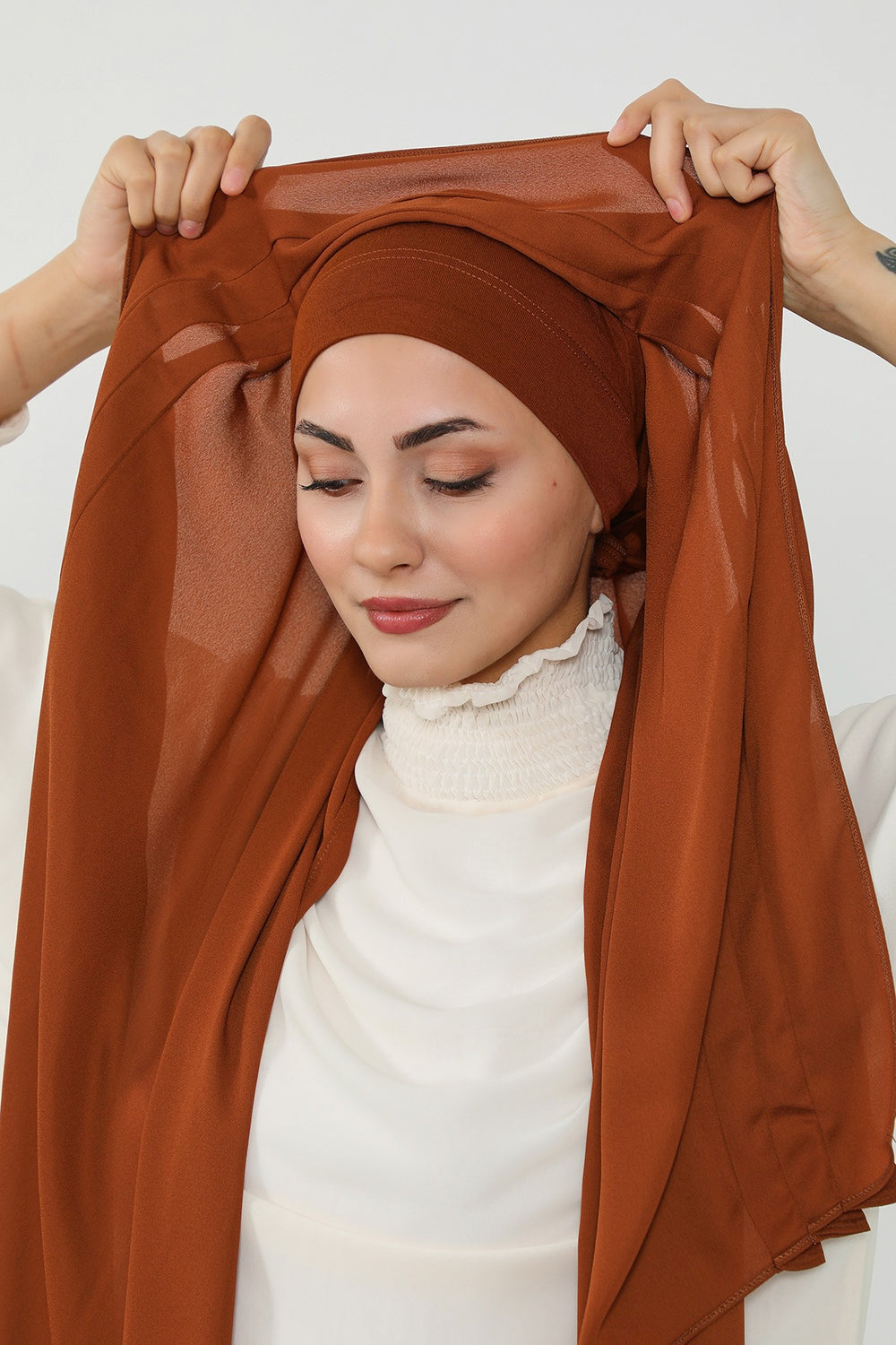 Pleated Instant Crepe Hijab with Built-In Cotton Bonnet, One-Piece Modest Wrinkle-Resistant Scarf for Women,PS-47 Tile Red