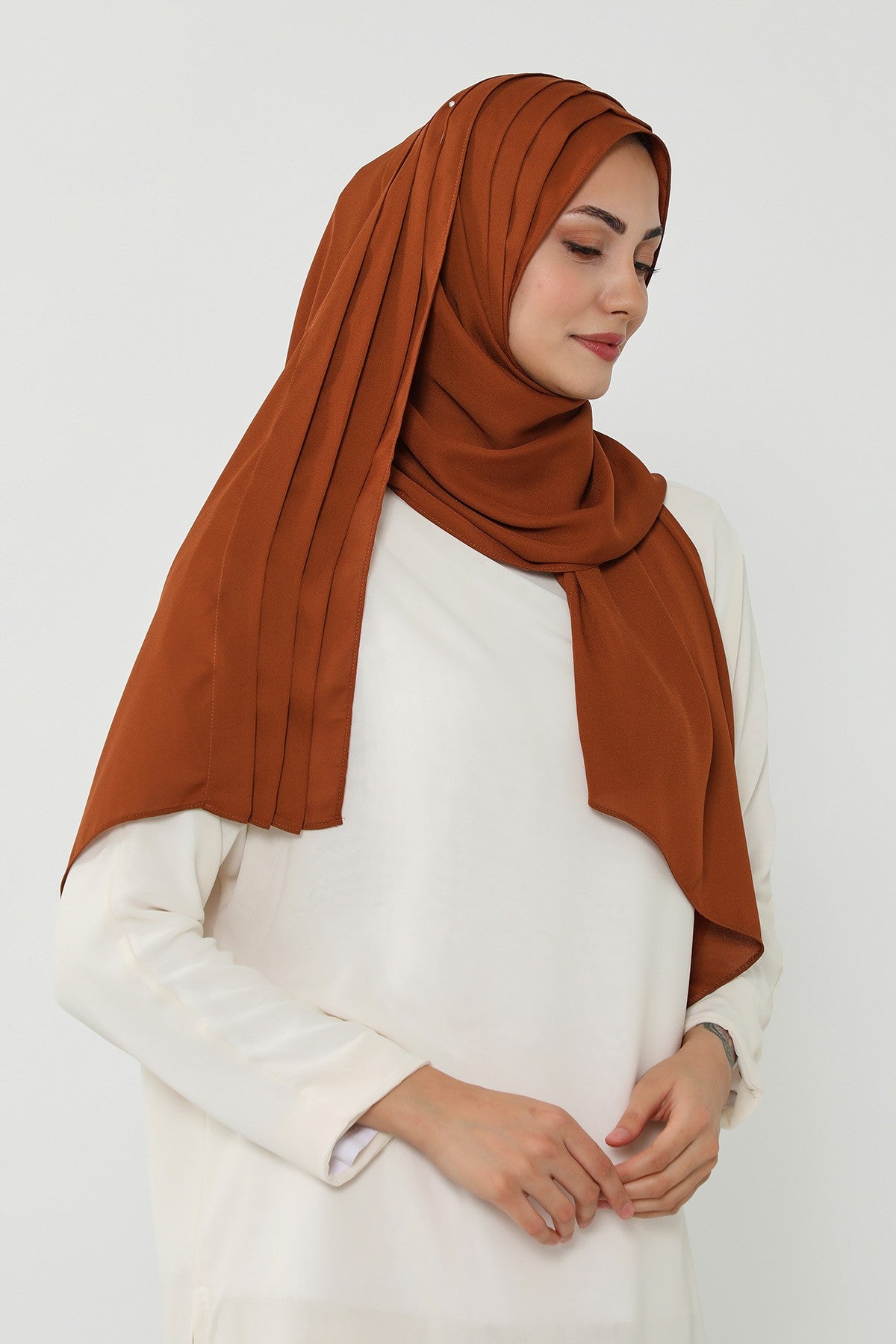 Pleated Instant Crepe Hijab with Built-In Cotton Bonnet, One-Piece Modest Wrinkle-Resistant Scarf for Women,PS-47 Tile Red