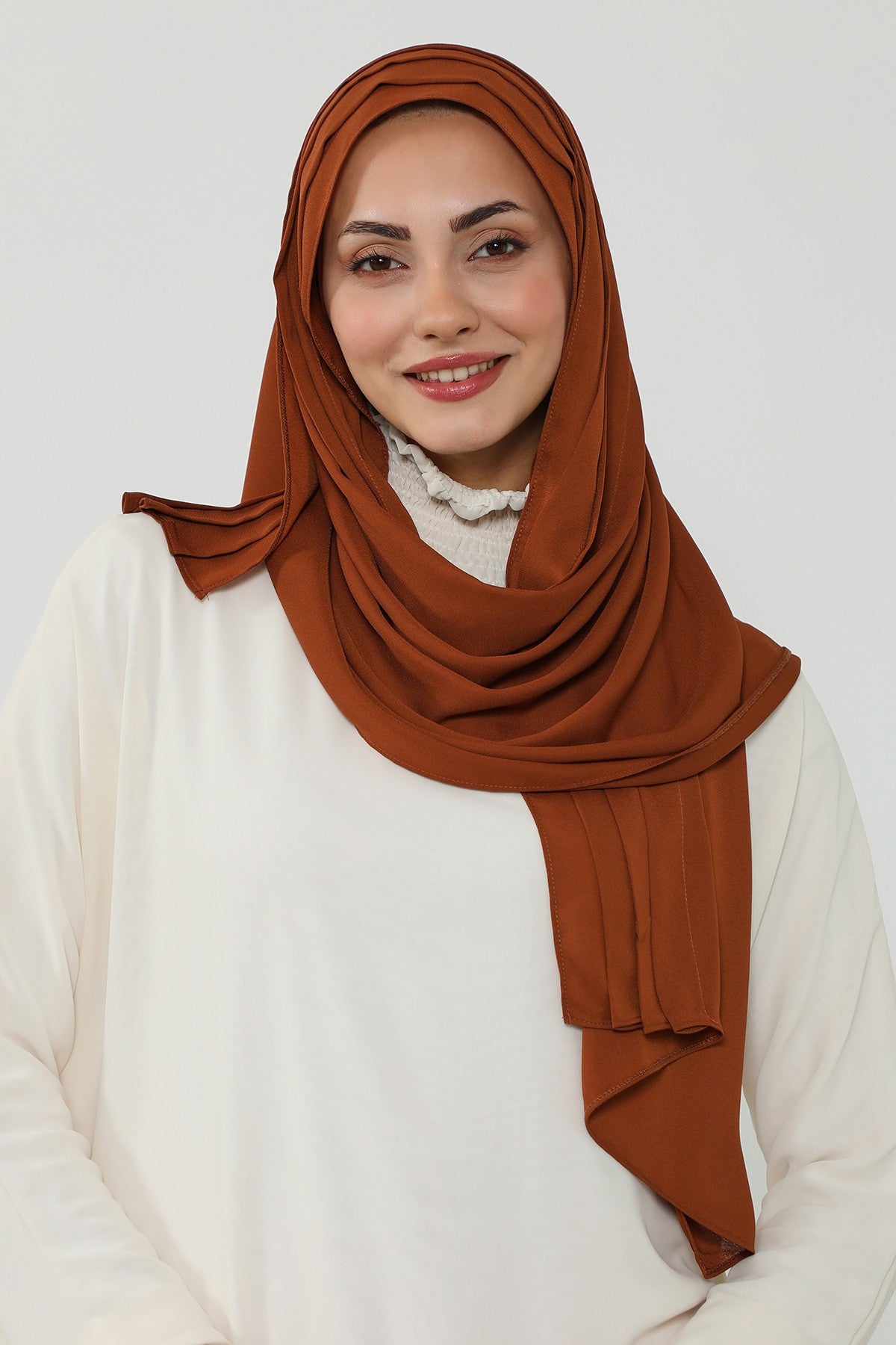 Pleated Instant Crepe Hijab with Built-In Cotton Bonnet, One-Piece Modest Wrinkle-Resistant Scarf for Women,PS-47 Tile Red