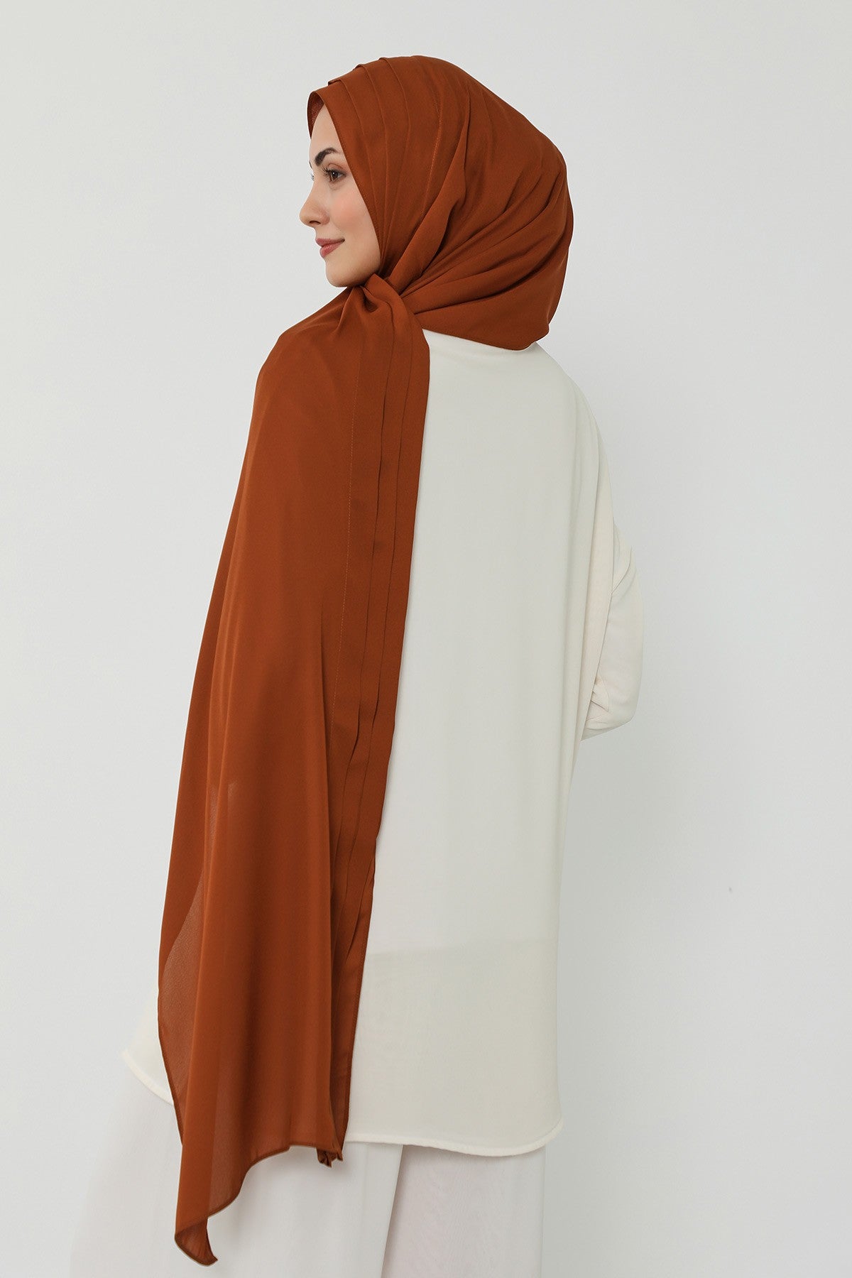Pleated Instant Crepe Hijab with Built-In Cotton Bonnet, One-Piece Modest Wrinkle-Resistant Scarf for Women,PS-47 Tile Red