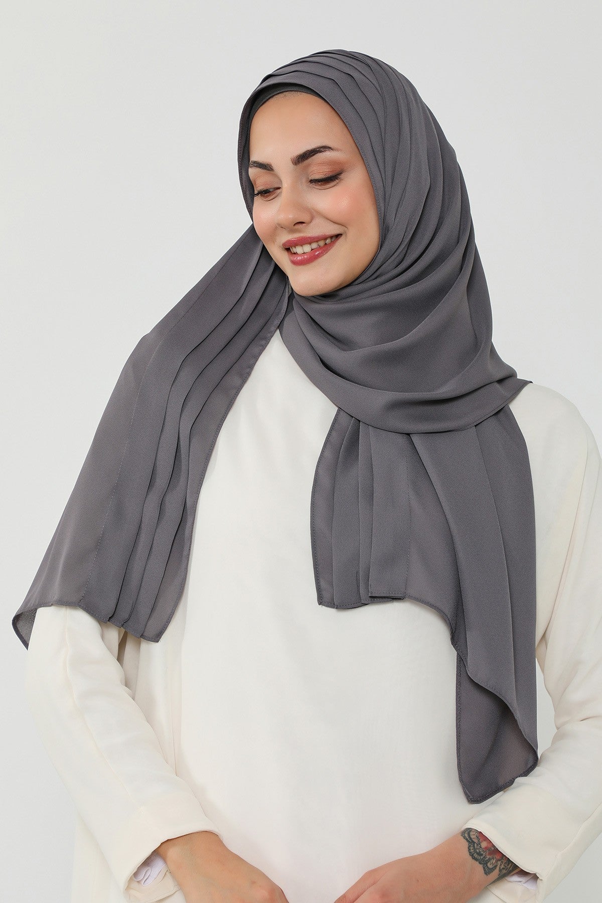 Pleated Instant Crepe Hijab with Built-In Cotton Bonnet, One-Piece Modest Wrinkle-Resistant Scarf for Women,PS-47 Anthracite