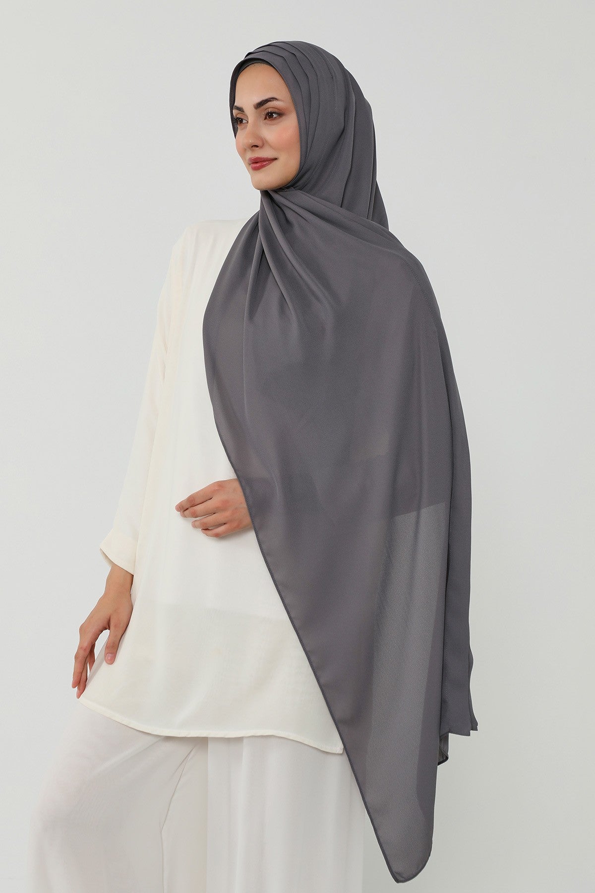 Pleated Instant Crepe Hijab with Built-In Cotton Bonnet, One-Piece Modest Wrinkle-Resistant Scarf for Women,PS-47 Anthracite
