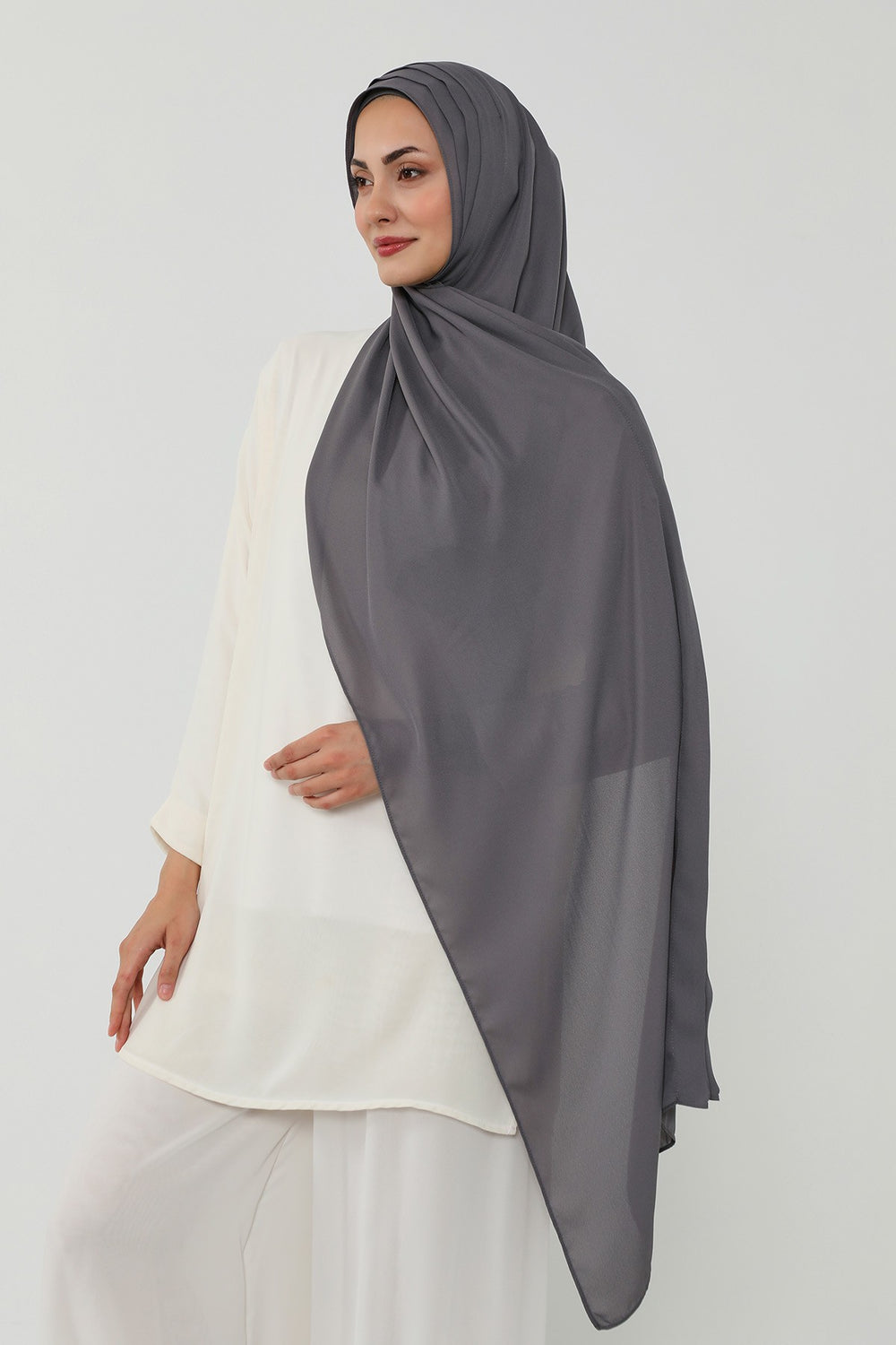 Pleated Instant Crepe Hijab with Built-In Cotton Bonnet, One-Piece Modest Wrinkle-Resistant Scarf for Women,PS-47 Anthracite