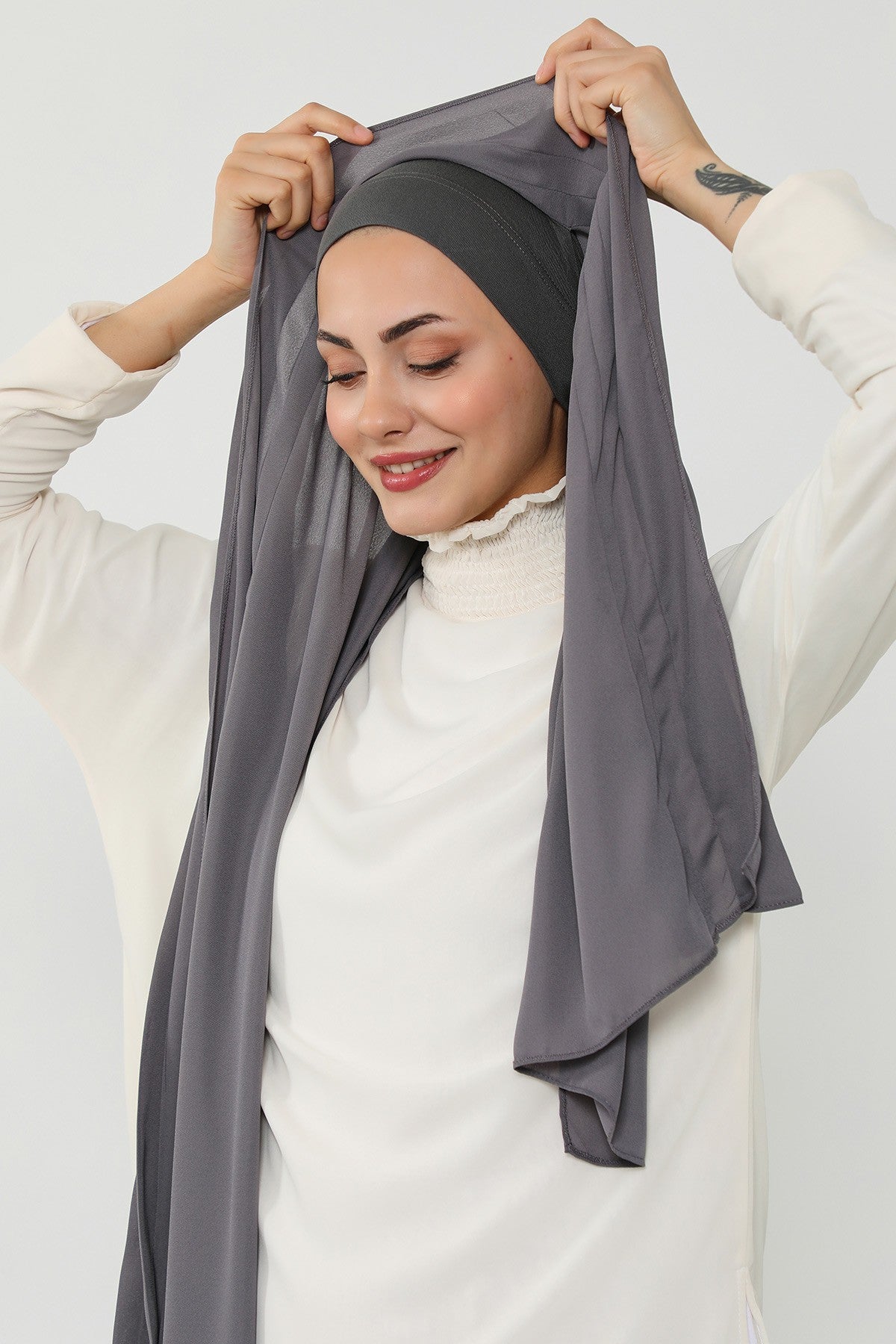 Pleated Instant Crepe Hijab with Built-In Cotton Bonnet, One-Piece Modest Wrinkle-Resistant Scarf for Women,PS-47 Anthracite