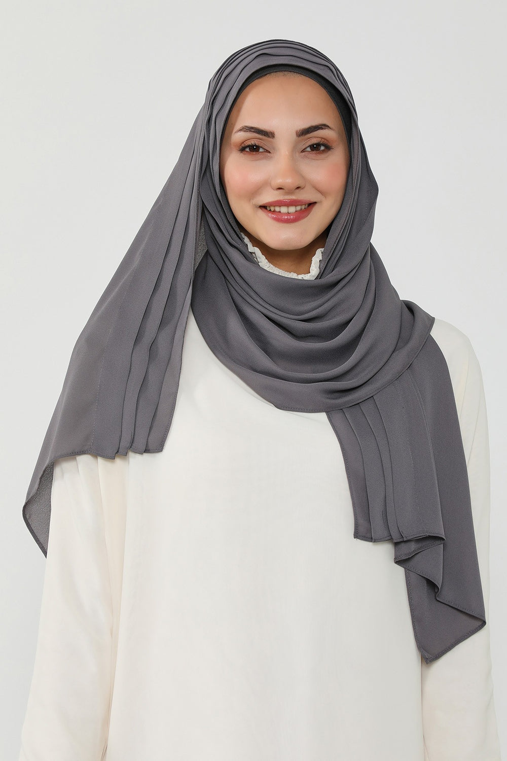 Pleated Instant Crepe Hijab with Built-In Cotton Bonnet, One-Piece Modest Wrinkle-Resistant Scarf for Women,PS-47 Anthracite