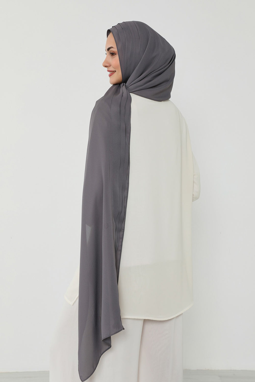 Pleated Instant Crepe Hijab with Built-In Cotton Bonnet, One-Piece Modest Wrinkle-Resistant Scarf for Women,PS-47 Anthracite
