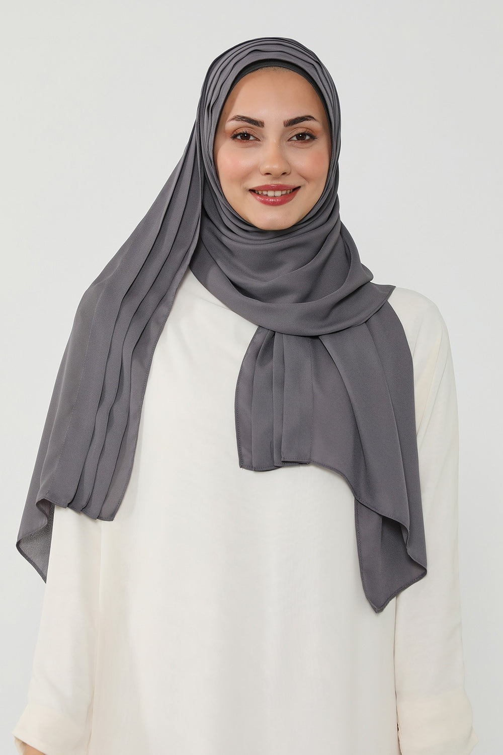 Pleated Instant Crepe Hijab with Built-In Cotton Bonnet, One-Piece Modest Wrinkle-Resistant Scarf for Women,PS-47 Anthracite