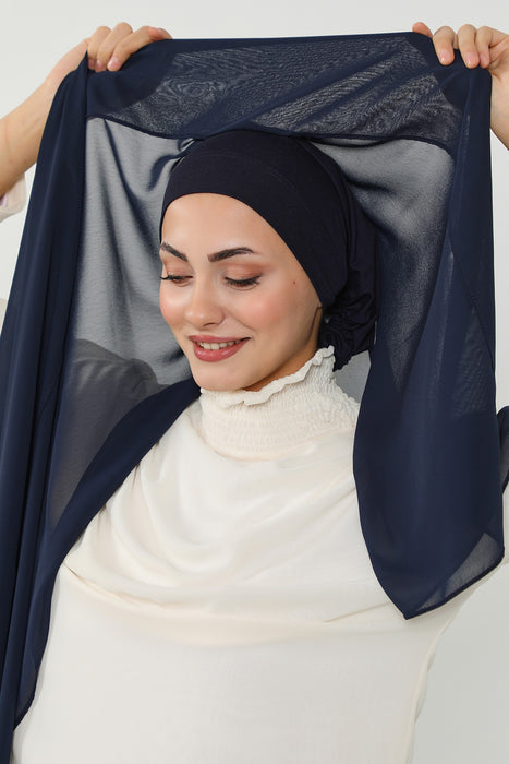 Instant Chiffon Scarf with Sewn Cotton Undercap Bonnet, Practical One Piece Hijab for Women, No Pin Head Covering,PS-51