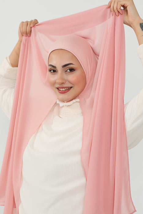 Ready to Wear One-Piece Chiffon Shawl Hijab with Built-In Cotton Undercap, Easy Modest Scarf for Women,PS-53