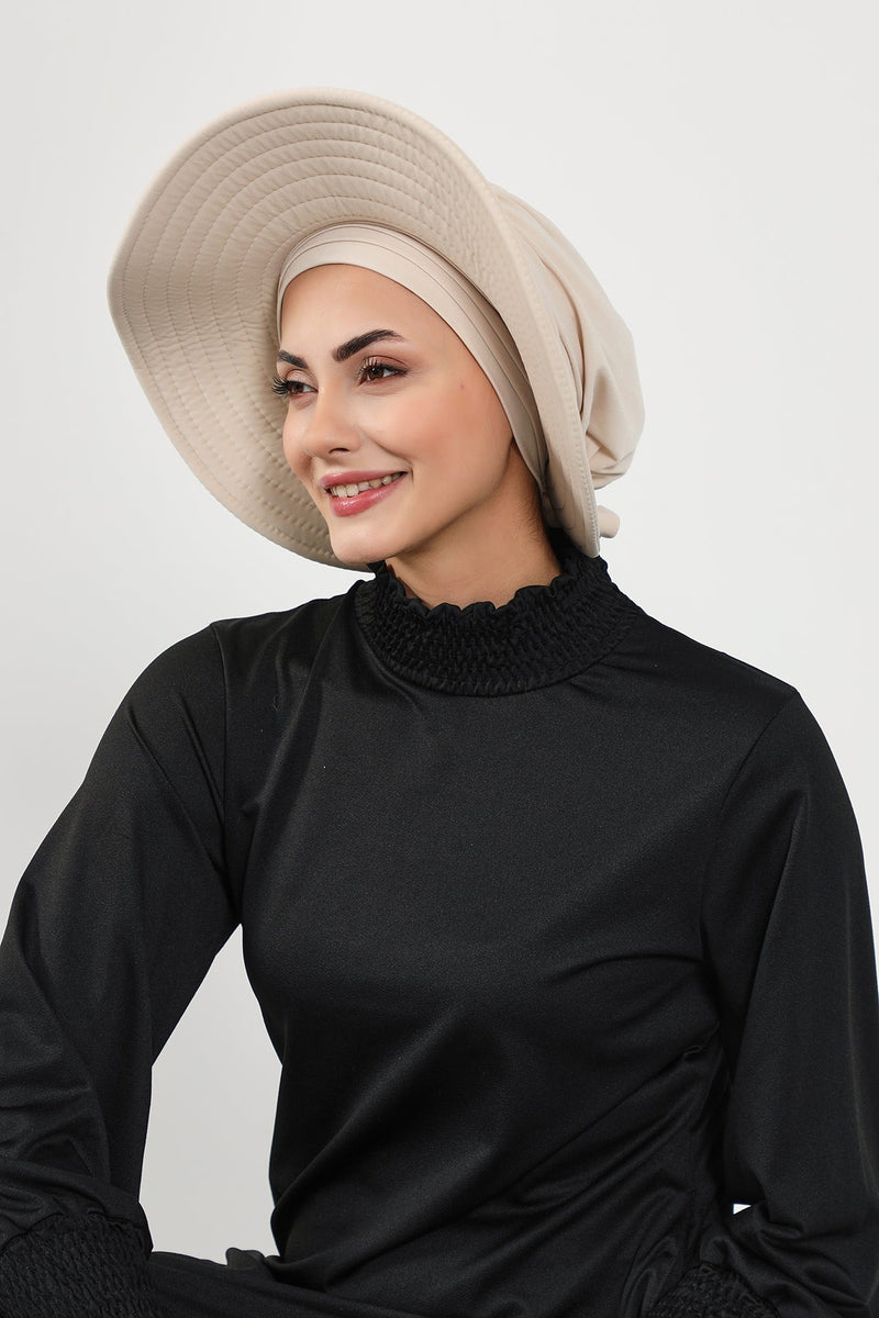 Modest Beach Turban Bonnet with Removable Bow Brim, Quick Dry Sandy Fabric Sun Hat Hijab for Women,S-10SN