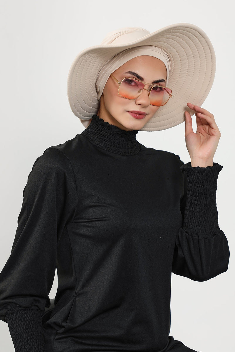 Modest Beach Turban Bonnet with Removable Bow Brim, Quick Dry Sandy Fabric Sun Hat Hijab for Women,S-10SN