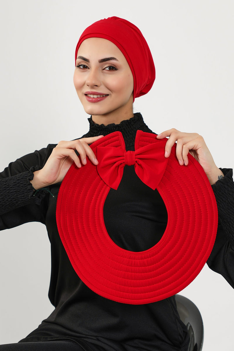 Modest Beach Turban Bonnet with Removable Bow Brim, Quick Dry Sandy Fabric Sun Hat Hijab for Women,S-10SN
