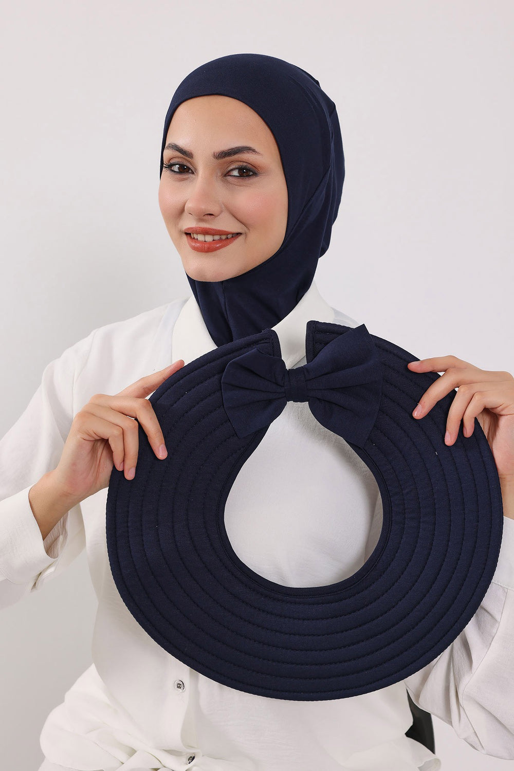 3 Piece Removable Hijab Bonnet Set with Visor and Hat, Modest Sun Protection Headwear for Women,ST-1P Navy Blue