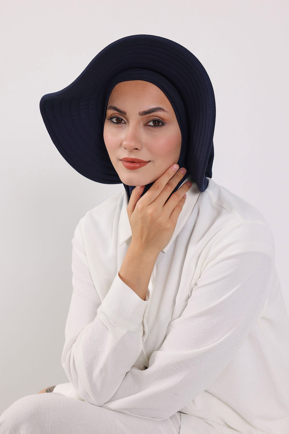 3 Piece Removable Hijab Bonnet Set with Visor and Hat, Modest Sun Protection Headwear for Women,ST-1P Navy Blue