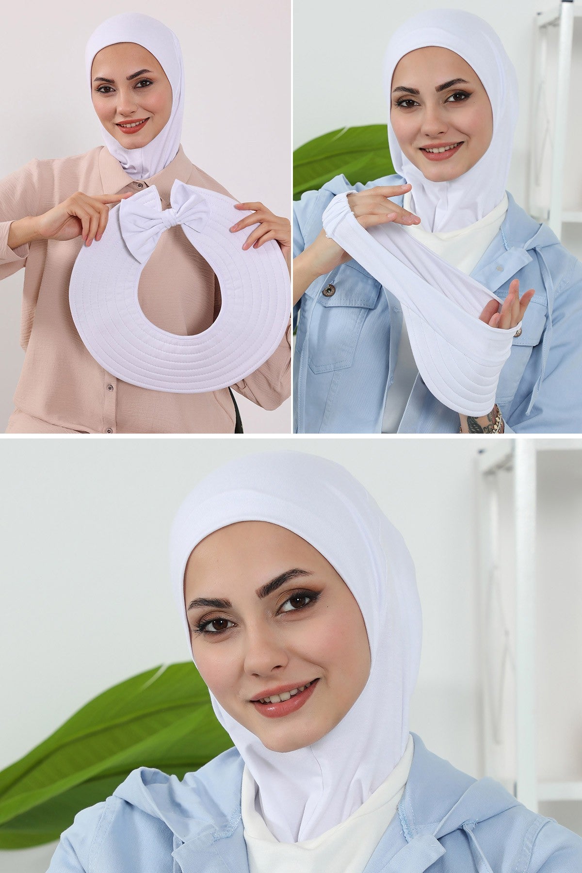 3 Piece Removable Hijab Bonnet Set with Visor and Hat, Modest Sun Protection Headwear for Women,ST-1P White