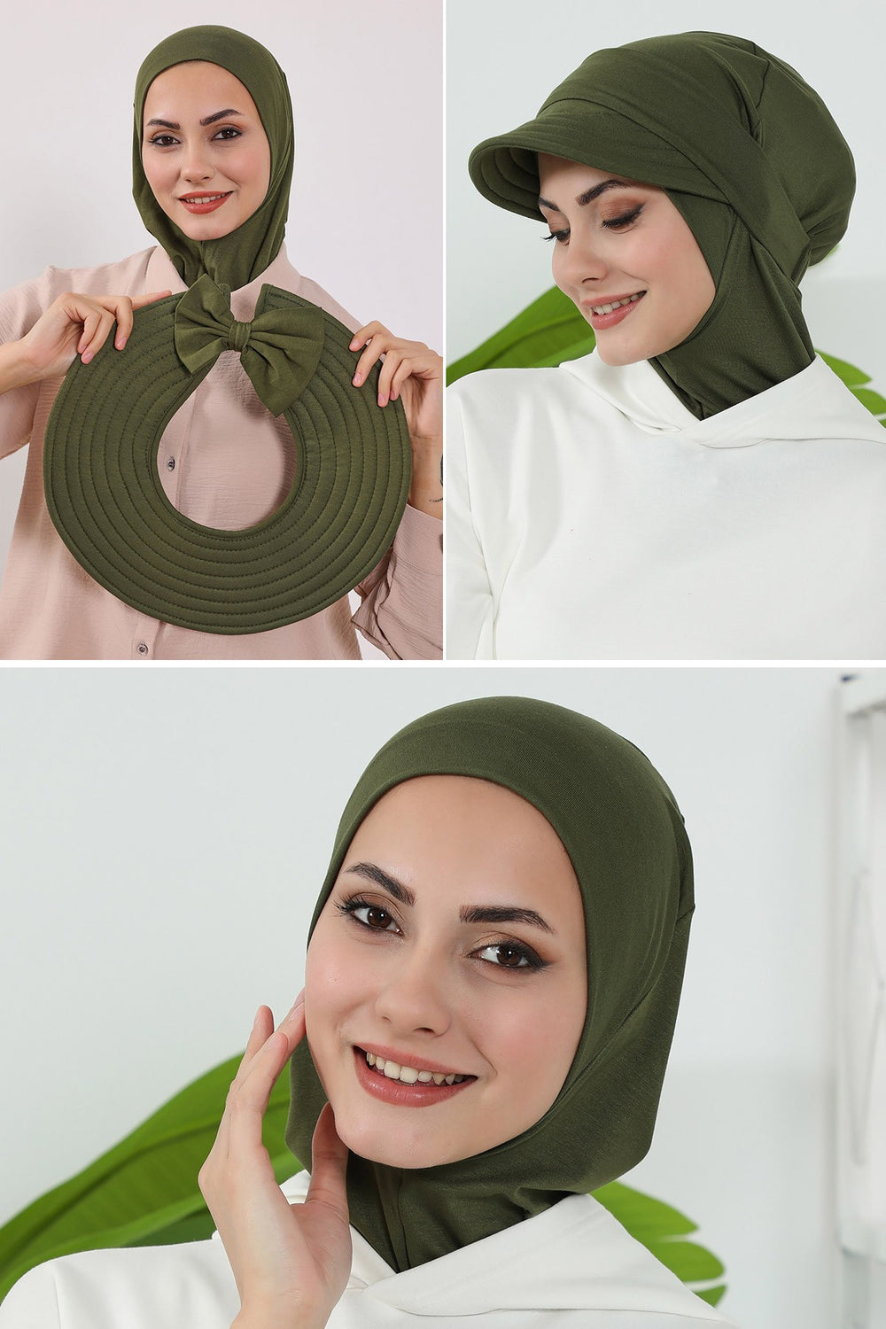 3 Piece Removable Hijab Bonnet Set with Visor and Hat, Modest Sun Protection Headwear for Women,ST-1P Army Green