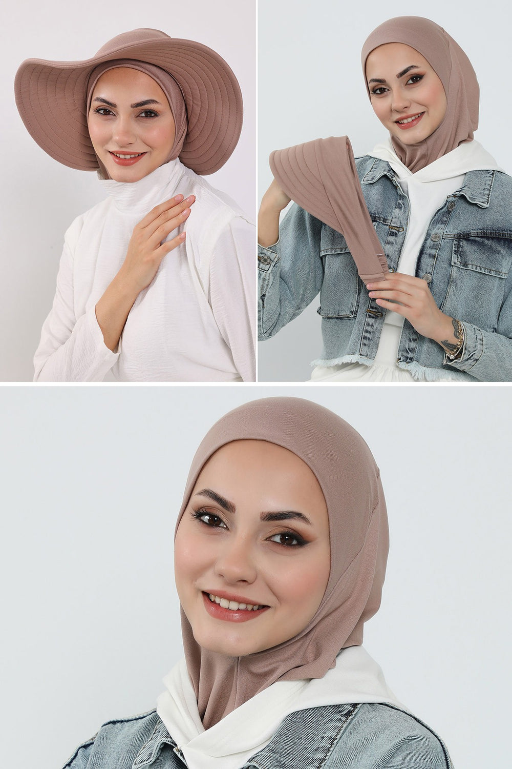 3 Piece Removable Hijab Bonnet Set with Visor and Hat, Modest Sun Protection Headwear for Women,ST-1P Mink