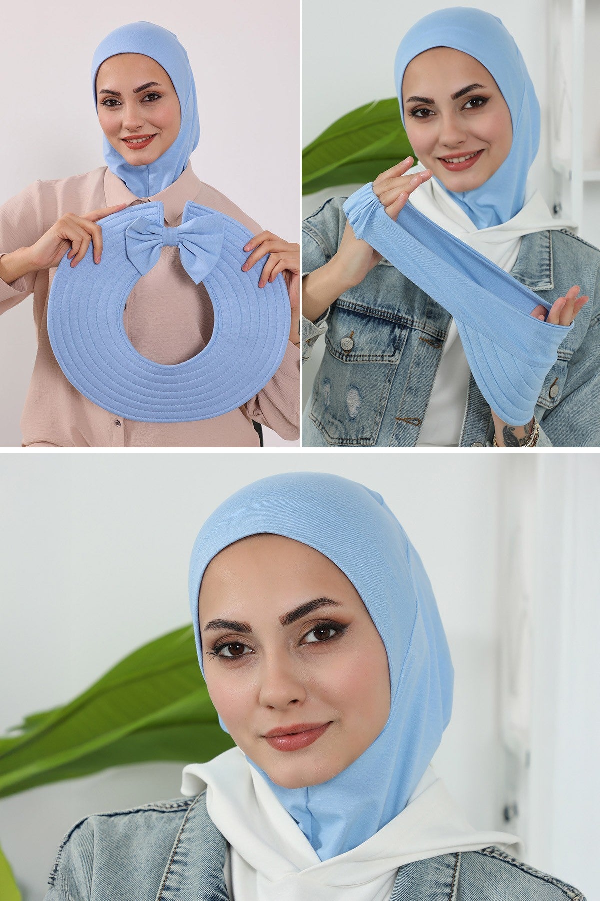 3 Piece Removable Hijab Bonnet Set with Visor and Hat, Modest Sun Protection Headwear for Women,ST-1P Blue