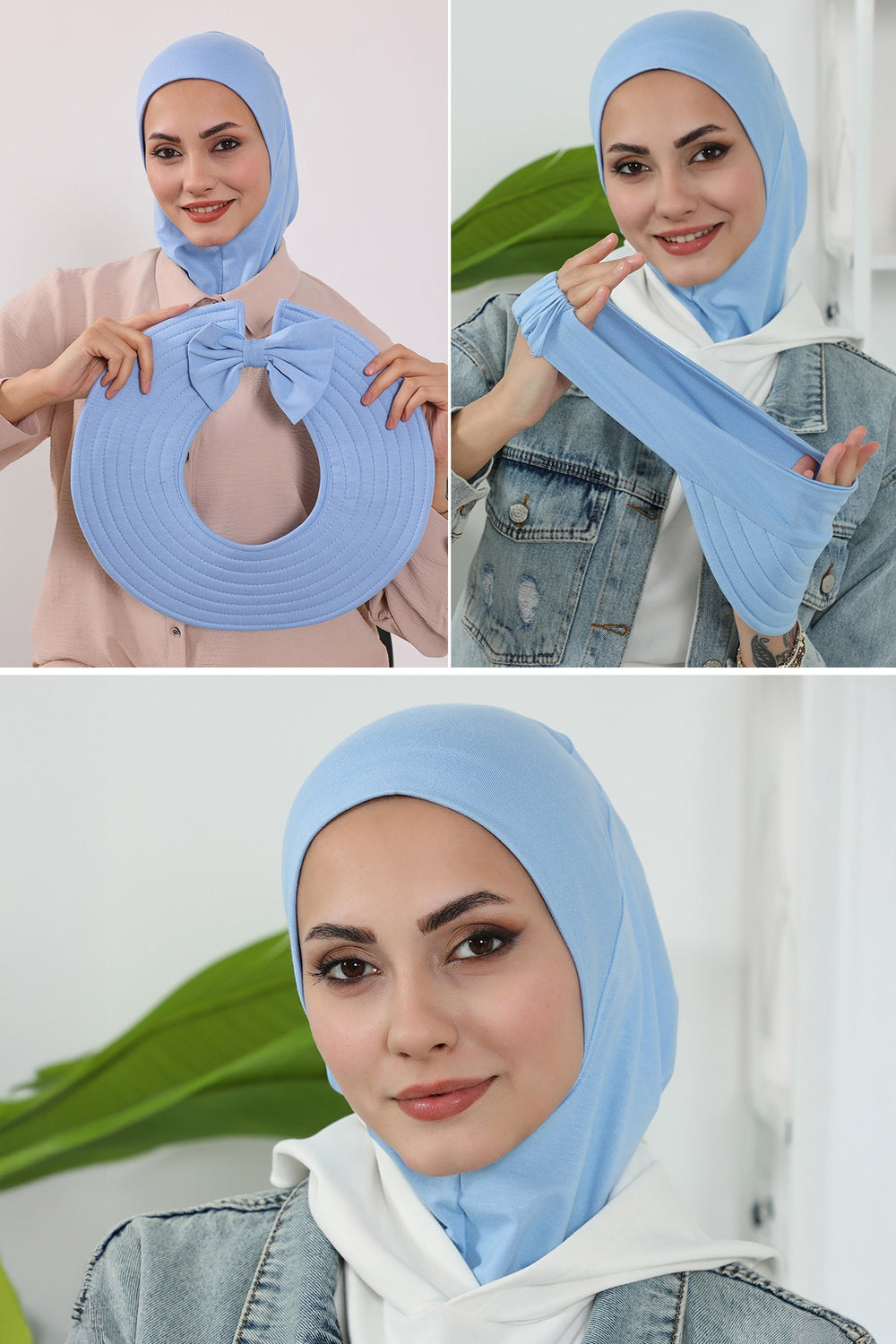 3 Piece Removable Hijab Bonnet Set with Visor and Hat, Modest Sun Protection Headwear for Women,ST-1P Blue