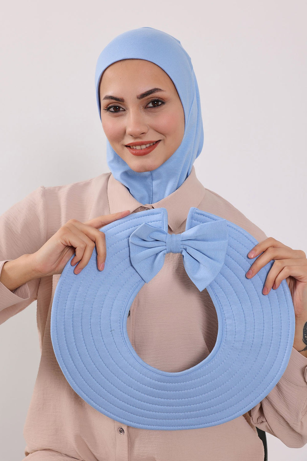 3 Piece Removable Hijab Bonnet Set with Visor and Hat, Modest Sun Protection Headwear for Women,ST-1P Blue