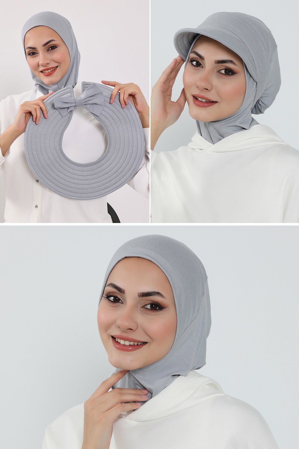 3 Piece Removable Hijab Bonnet Set with Visor and Hat, Modest Sun Protection Headwear for Women,ST-1P Grey 2