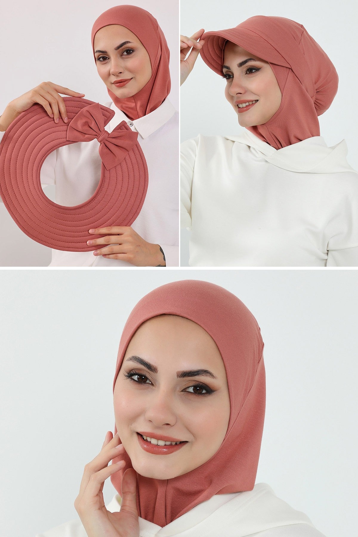 3 Piece Removable Hijab Bonnet Set with Visor and Hat, Modest Sun Protection Headwear for Women,ST-1P Salmon