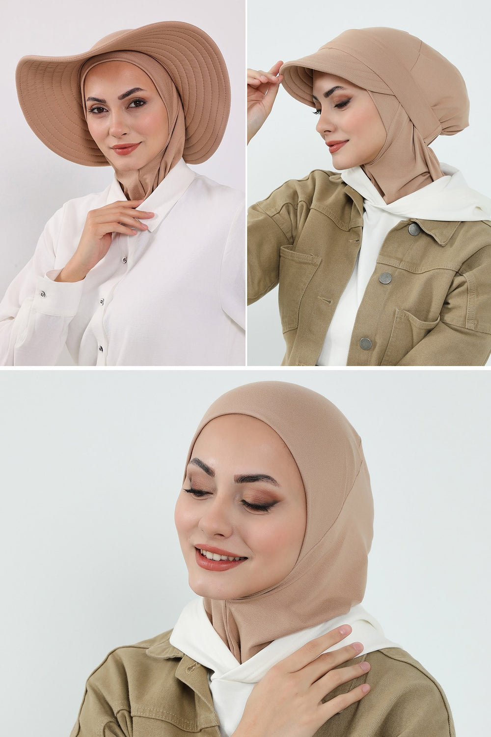 3 Piece Removable Hijab Bonnet Set with Visor and Hat, Modest Sun Protection Headwear for Women,ST-1P Sand Brown